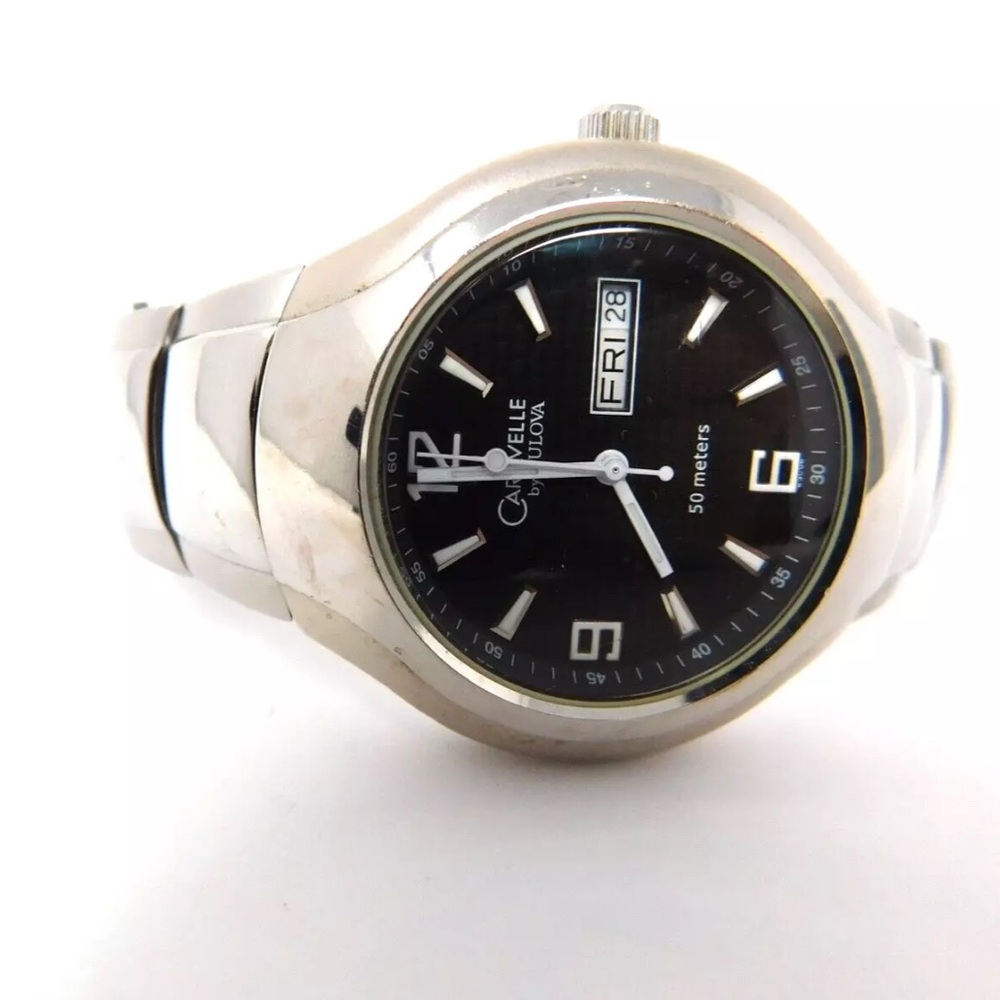 Caravelle by Bulova Mens Watch 43C06 Vintage Black Dial Day Date Stainless Steel